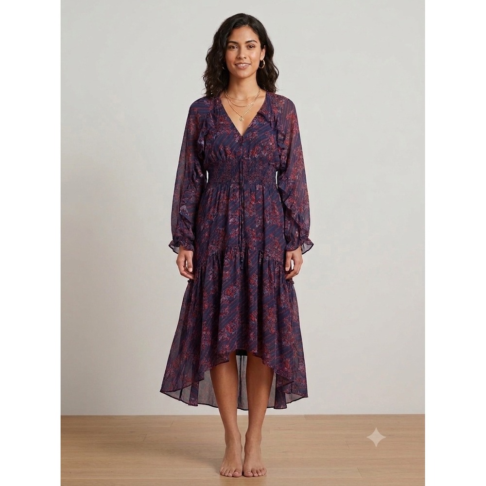 Figue Midi Dress 100% Silk Womens Medium Alessia Sheer Smocked Ruffle High Low